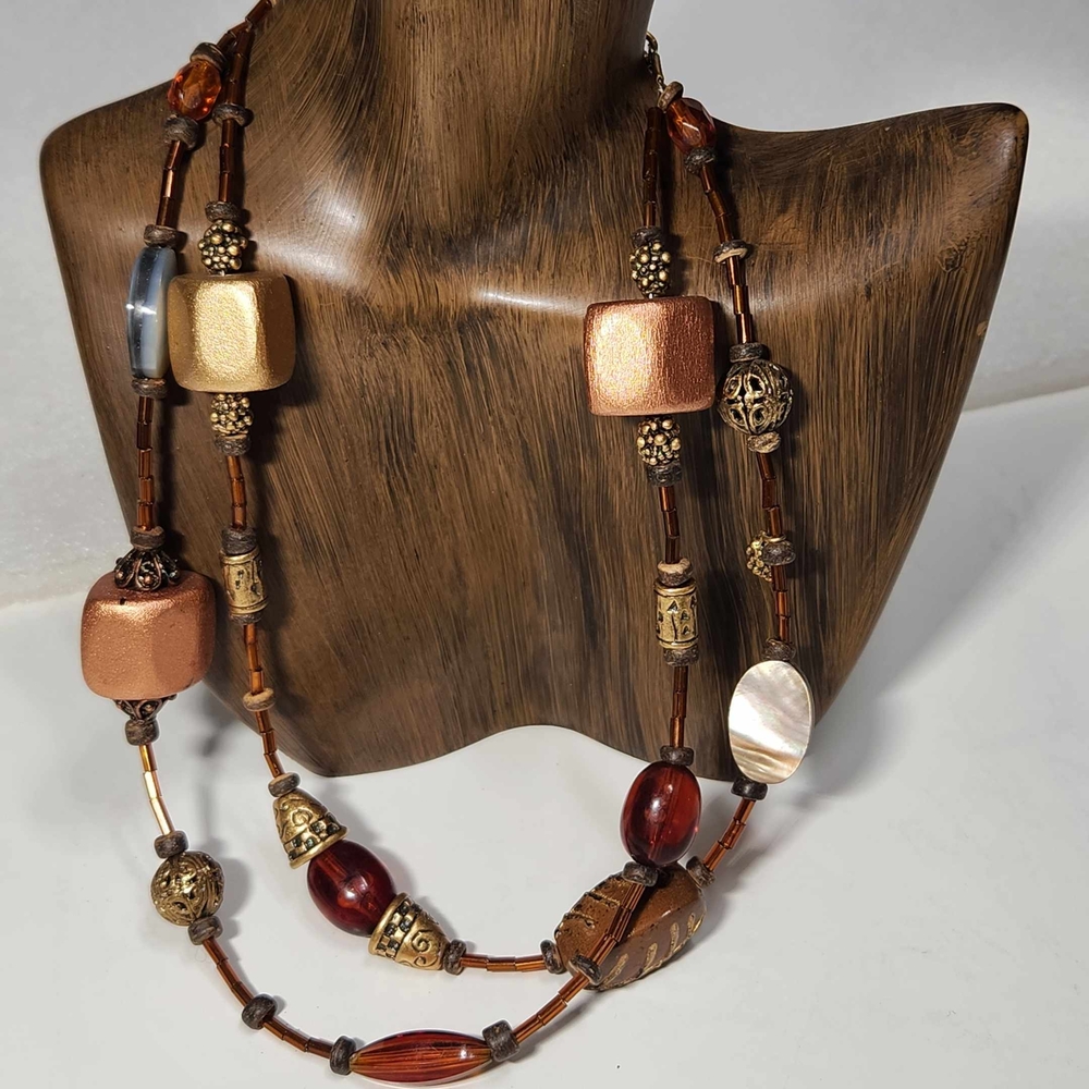 Chico's Vintage Brown Rust Glass and Wood Beaded Multi-strand Necklace NOS